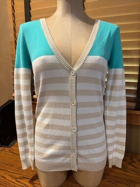 Striped V‑Neck Button Cardigan in Turquoise & Cream